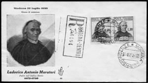 Francobollo emesso dalle Poste Italiane il 22 luglio 1950 a ricordo del bicentenario della morte di L.A. Muratori e busta affrancata e annullata il primo giorno di emissione del francobollo.